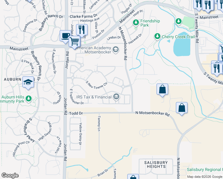 map of restaurants, bars, coffee shops, grocery stores, and more near 17447 East Iron Ore Avenue in Parker