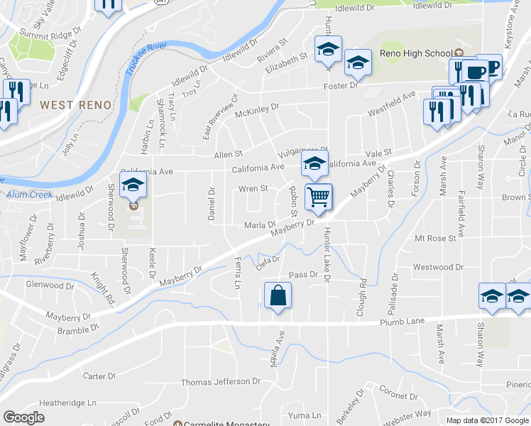 map of restaurants, bars, coffee shops, grocery stores, and more near 1016 Dennison Drive in Reno