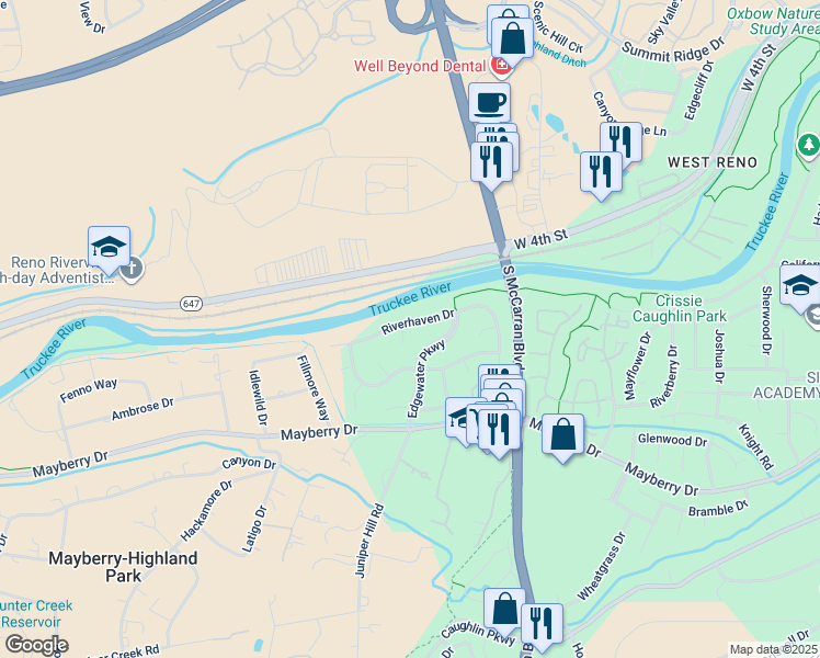 map of restaurants, bars, coffee shops, grocery stores, and more near 100 Riverhaven Place in Reno