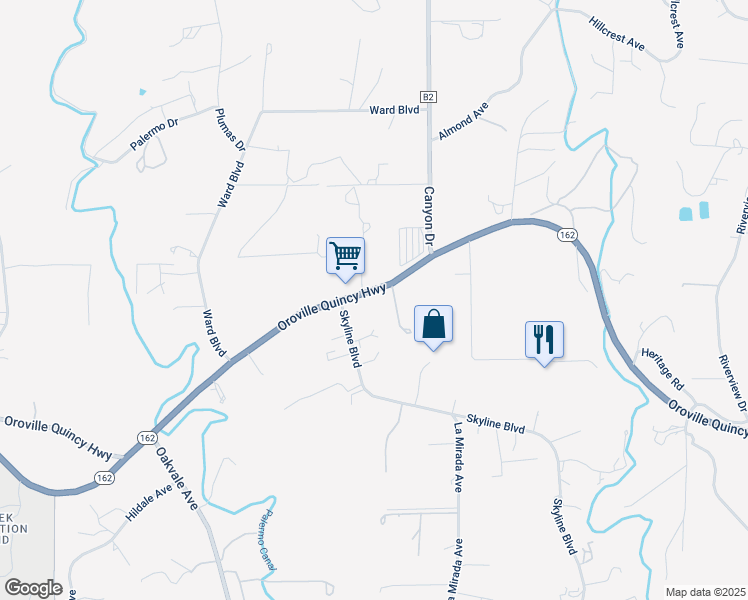 map of restaurants, bars, coffee shops, grocery stores, and more near 4620 Olive Highway in Oroville