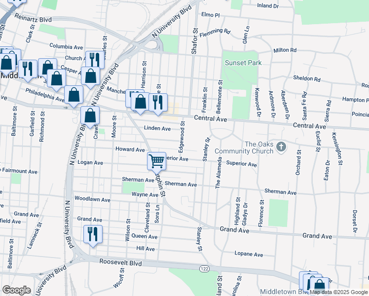 map of restaurants, bars, coffee shops, grocery stores, and more near 207 Edgewood Street in Middletown