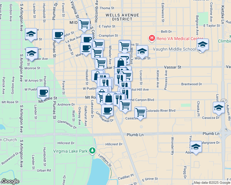 map of restaurants, bars, coffee shops, grocery stores, and more near 1555 South Wells Avenue in Reno