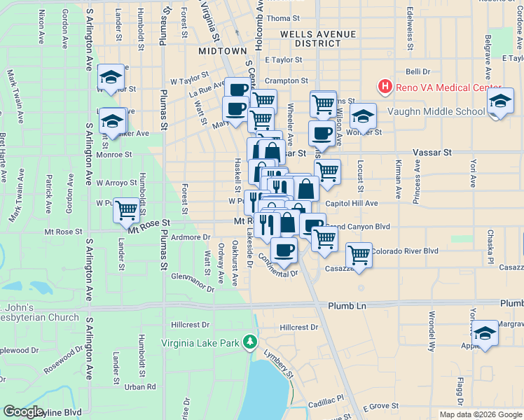 map of restaurants, bars, coffee shops, grocery stores, and more near 1426 Tonopah Street in Reno