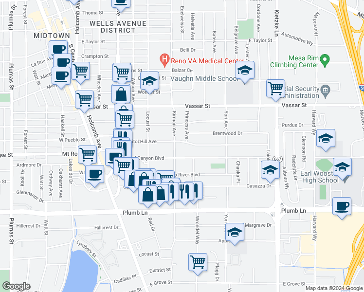 map of restaurants, bars, coffee shops, grocery stores, and more near 660 Capitol Hill Avenue in Reno