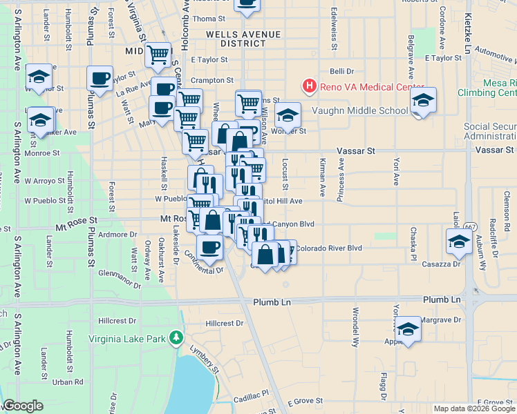 map of restaurants, bars, coffee shops, grocery stores, and more near 350 Capitol Hill Avenue in Reno