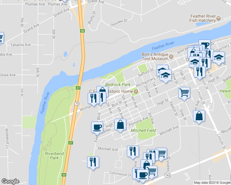map of restaurants, bars, coffee shops, grocery stores, and more near 830 Montgomery Street in Oroville