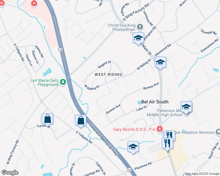 map of restaurants, bars, coffee shops, grocery stores, and more near 1505 Cheltenham Lane in Bel Air