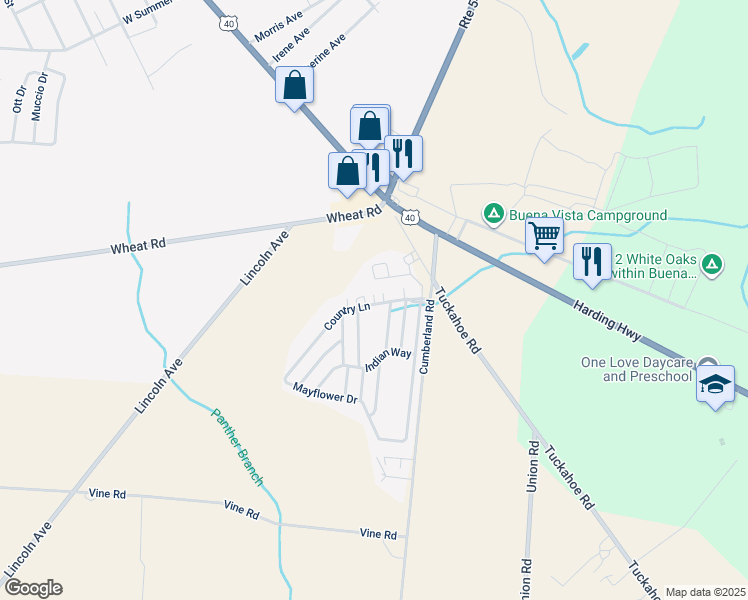 map of restaurants, bars, coffee shops, grocery stores, and more near 114 Country Lane in Buena