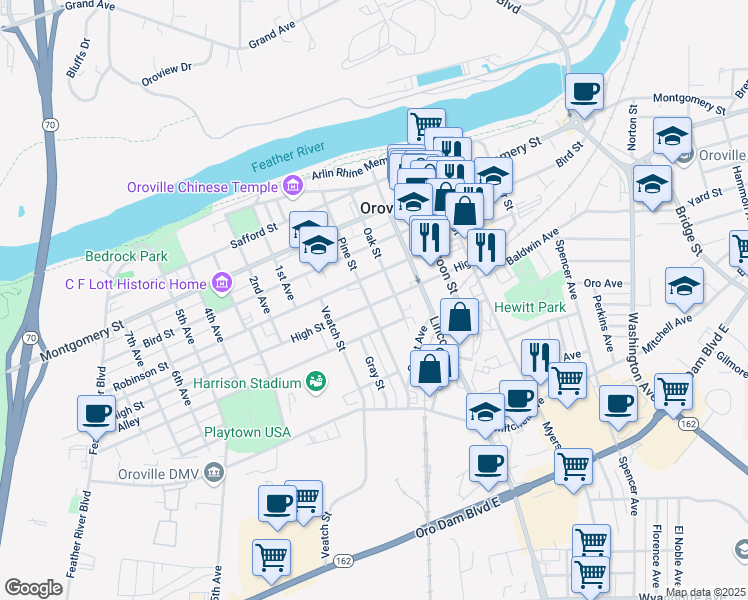 map of restaurants, bars, coffee shops, grocery stores, and more near 1622 High Street in Oroville