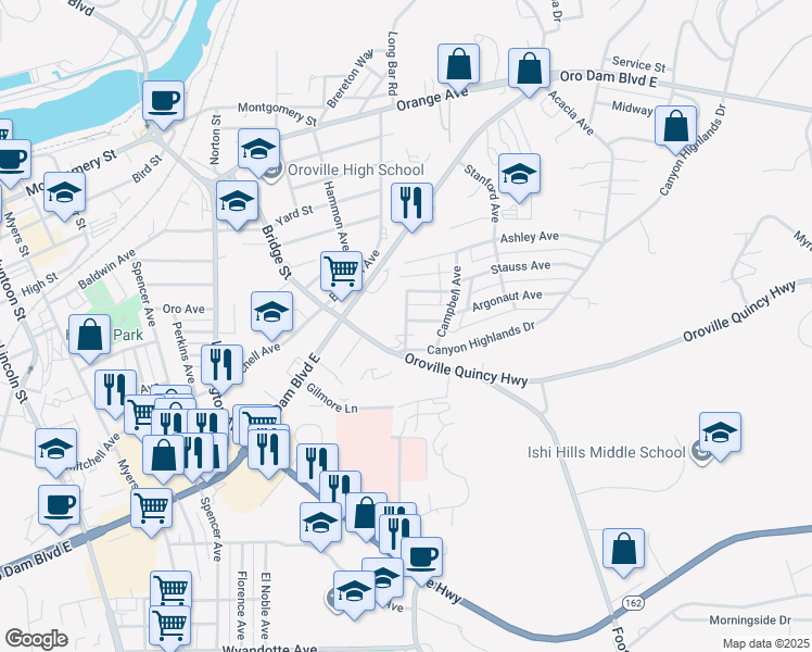 map of restaurants, bars, coffee shops, grocery stores, and more near Eucalyptus Avenue in Oroville
