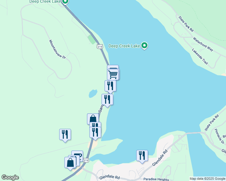 map of restaurants, bars, coffee shops, grocery stores, and more near 20218 Garrett Highway in Oakland