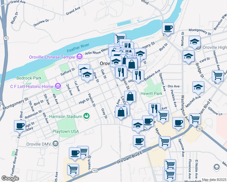map of restaurants, bars, coffee shops, grocery stores, and more near 1715 High Street in Oroville