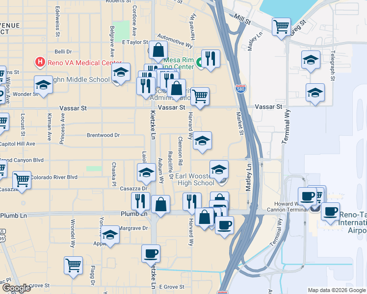 map of restaurants, bars, coffee shops, grocery stores, and more near 1555 Clemson Road in Reno