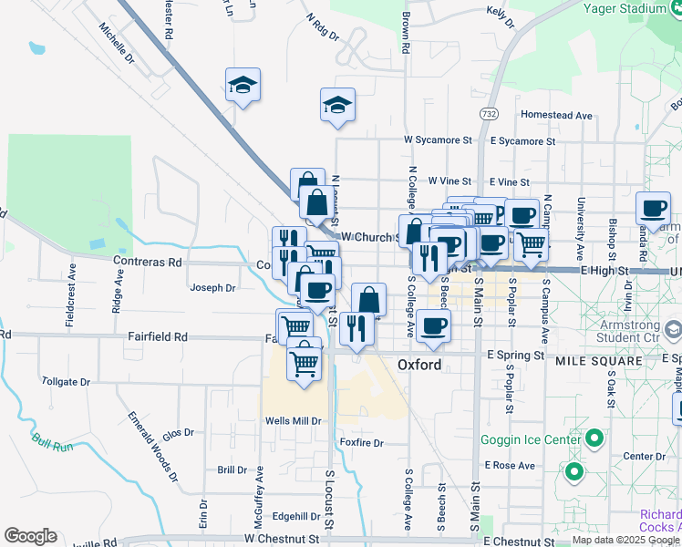 map of restaurants, bars, coffee shops, grocery stores, and more near 317 West High Street in Oxford