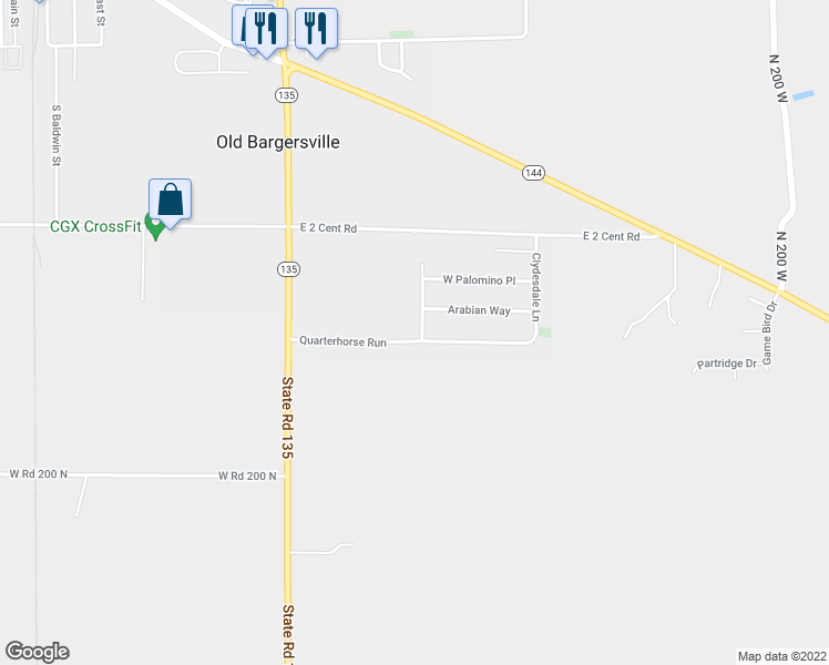 map of restaurants, bars, coffee shops, grocery stores, and more near 792 Appaloosa Drive in Bargersville
