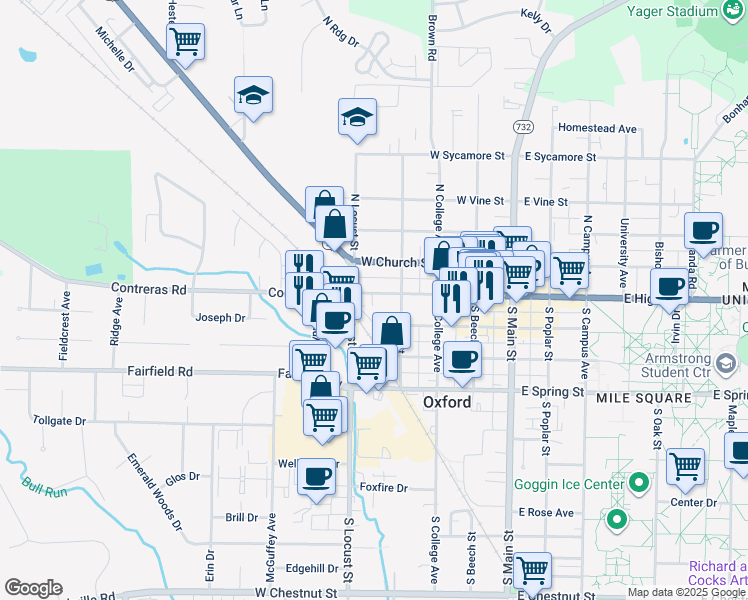 map of restaurants, bars, coffee shops, grocery stores, and more near 317 West High Street in Oxford