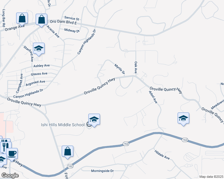 map of restaurants, bars, coffee shops, grocery stores, and more near 12 Linda Loma Drive in Oroville