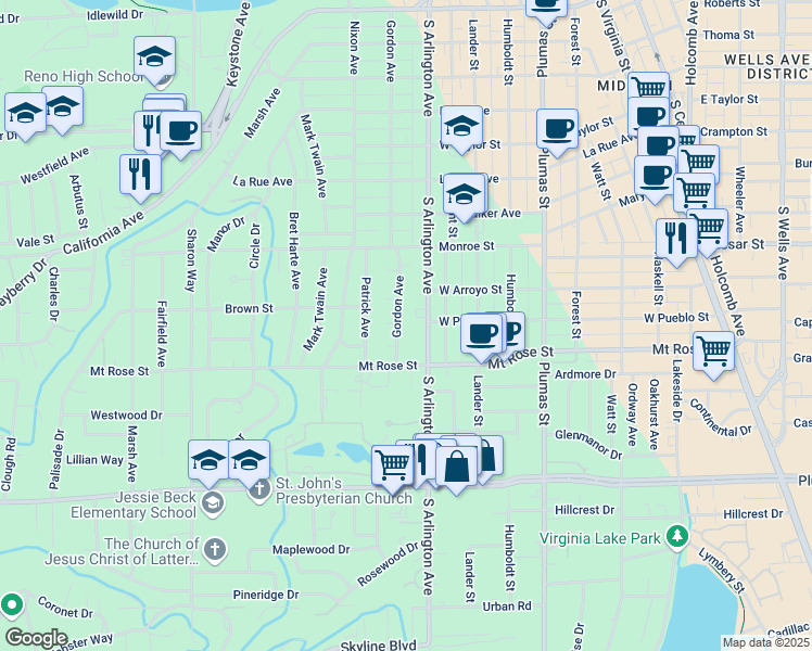 map of restaurants, bars, coffee shops, grocery stores, and more near 1411 Gordon Avenue in Reno