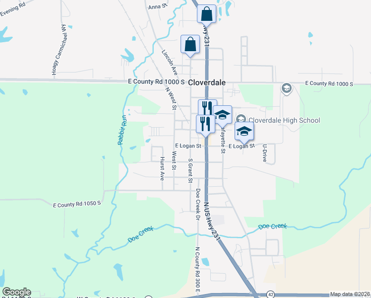map of restaurants, bars, coffee shops, grocery stores, and more near 104 South Grant Street in Cloverdale