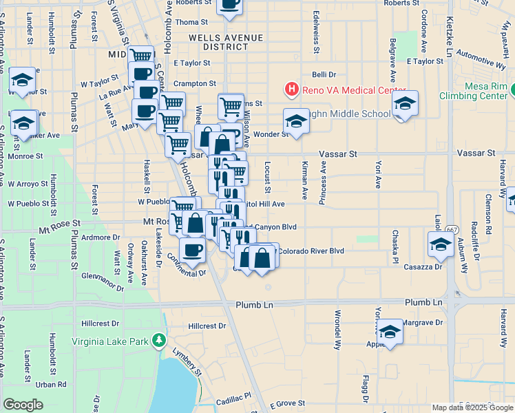 map of restaurants, bars, coffee shops, grocery stores, and more near 1520 Locust Street in Reno