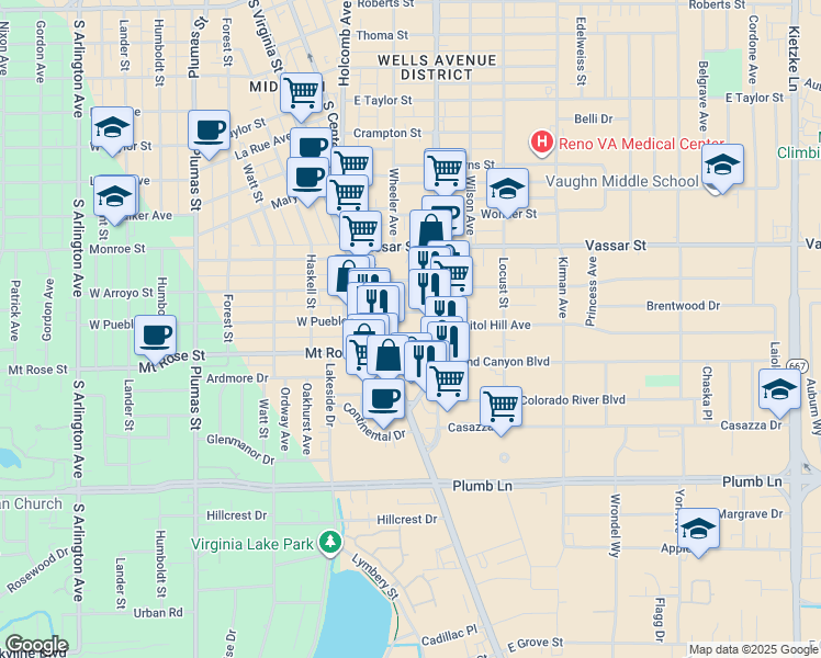 map of restaurants, bars, coffee shops, grocery stores, and more near 1555 South Wells Avenue in Reno