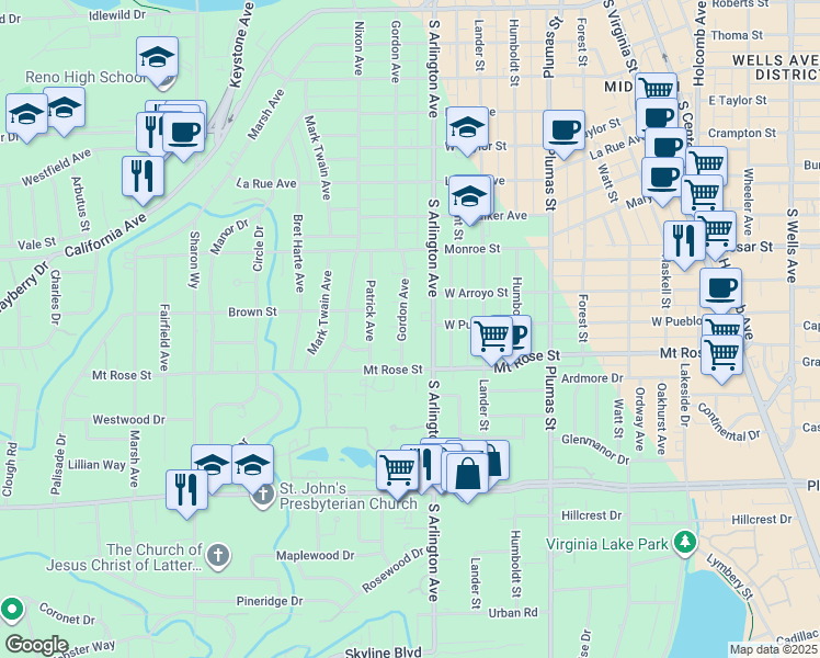 map of restaurants, bars, coffee shops, grocery stores, and more near 1411 Gordon Avenue in Reno