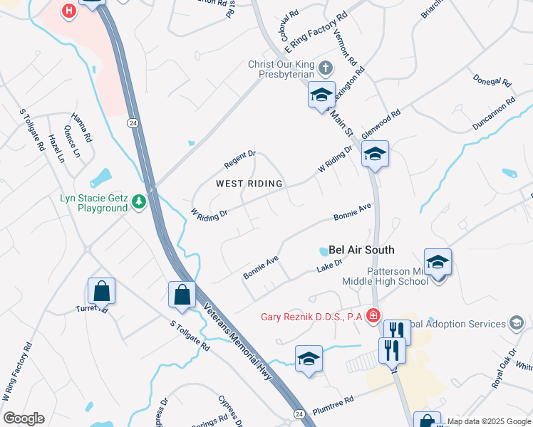 map of restaurants, bars, coffee shops, grocery stores, and more near 1504 Houndslow Court in Bel Air