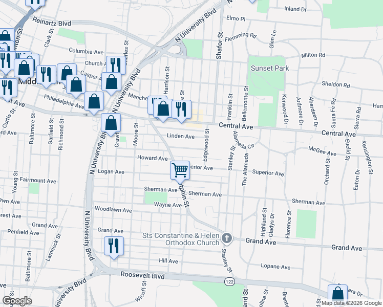 map of restaurants, bars, coffee shops, grocery stores, and more near 2217 Superior Avenue in Middletown