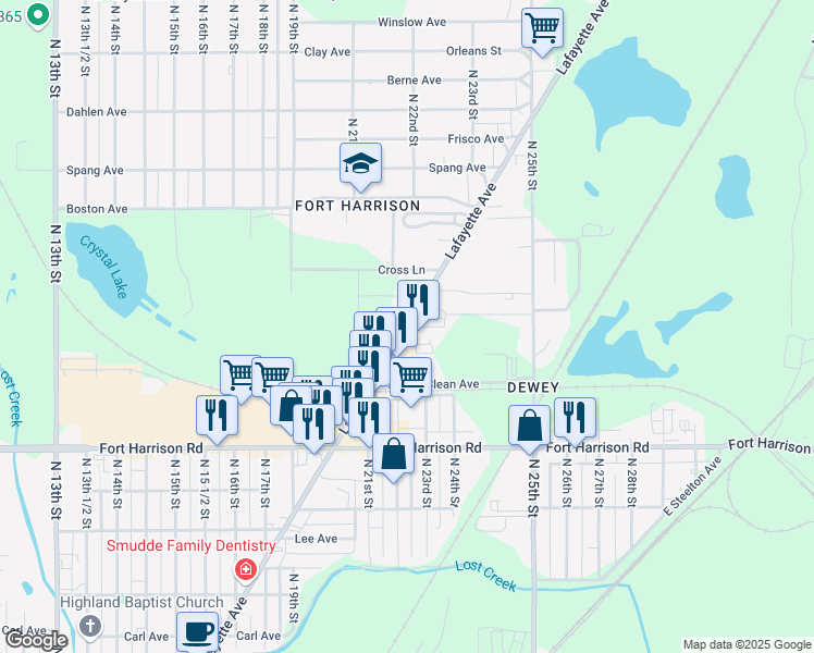 map of restaurants, bars, coffee shops, grocery stores, and more near 2151 Lafayette Avenue in Terre Haute