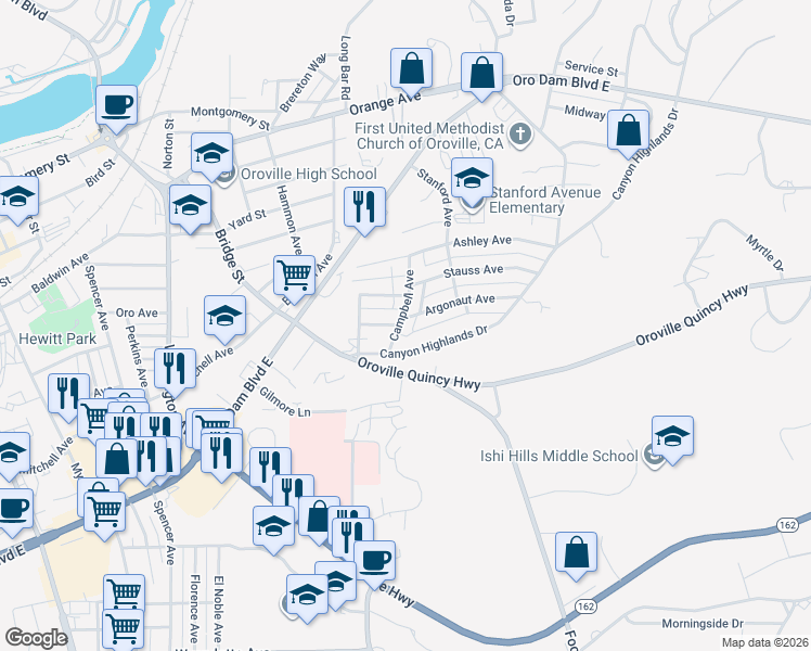 map of restaurants, bars, coffee shops, grocery stores, and more near 31 Canyon Highlands Drive in Oroville
