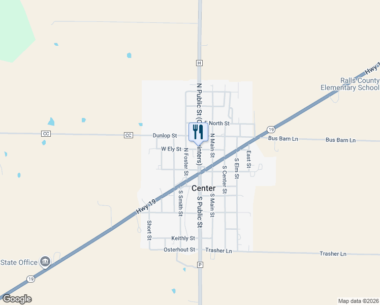 map of restaurants, bars, coffee shops, grocery stores, and more near 102 North Public Street in Center