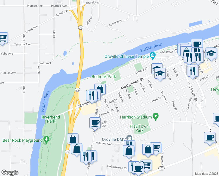 map of restaurants, bars, coffee shops, grocery stores, and more near 819 Safford Street in Oroville