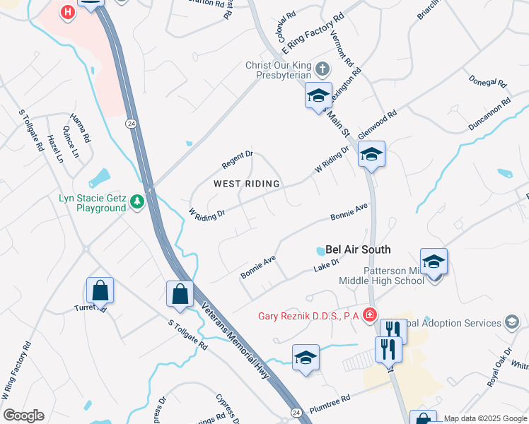 map of restaurants, bars, coffee shops, grocery stores, and more near 1504 Houndslow Court in Bel Air