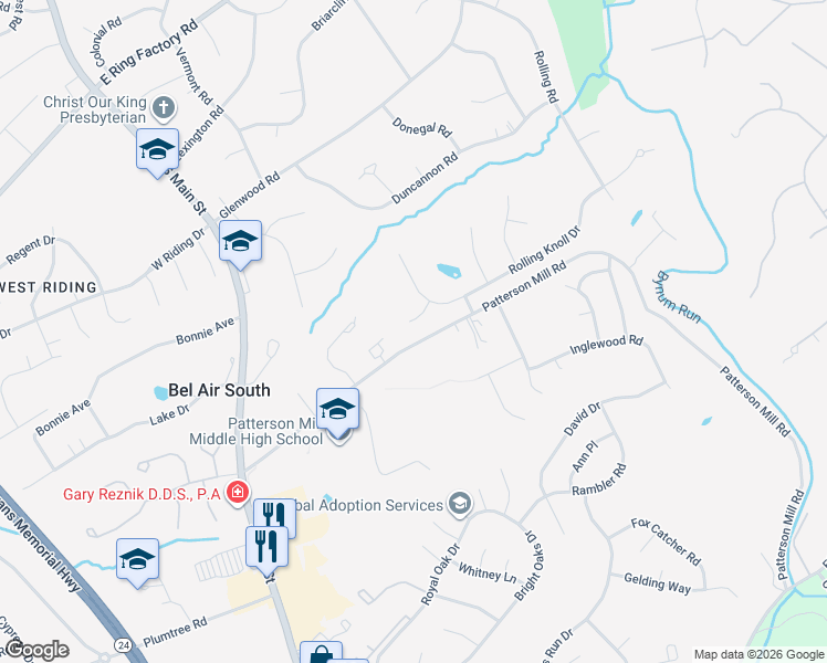 map of restaurants, bars, coffee shops, grocery stores, and more near 101 Roselawn Court in Bel Air