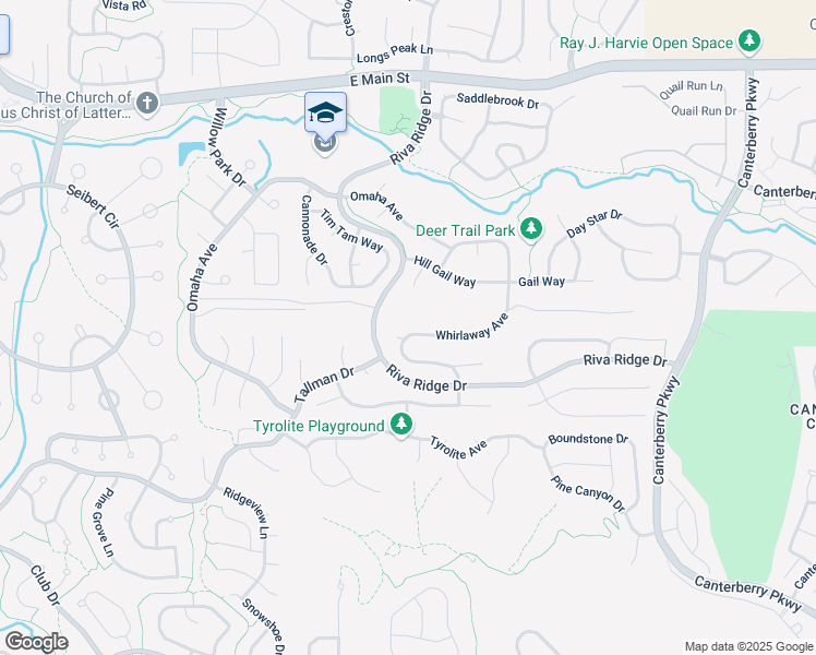 map of restaurants, bars, coffee shops, grocery stores, and more near 21625 Whirlaway Avenue in Parker