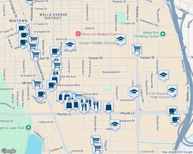 map of restaurants, bars, coffee shops, grocery stores, and more near 750 Capitol Hill Avenue in Reno
