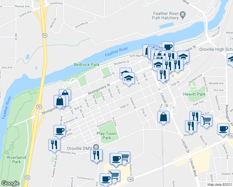 map of restaurants, bars, coffee shops, grocery stores, and more near 1265 Bird Street in Oroville