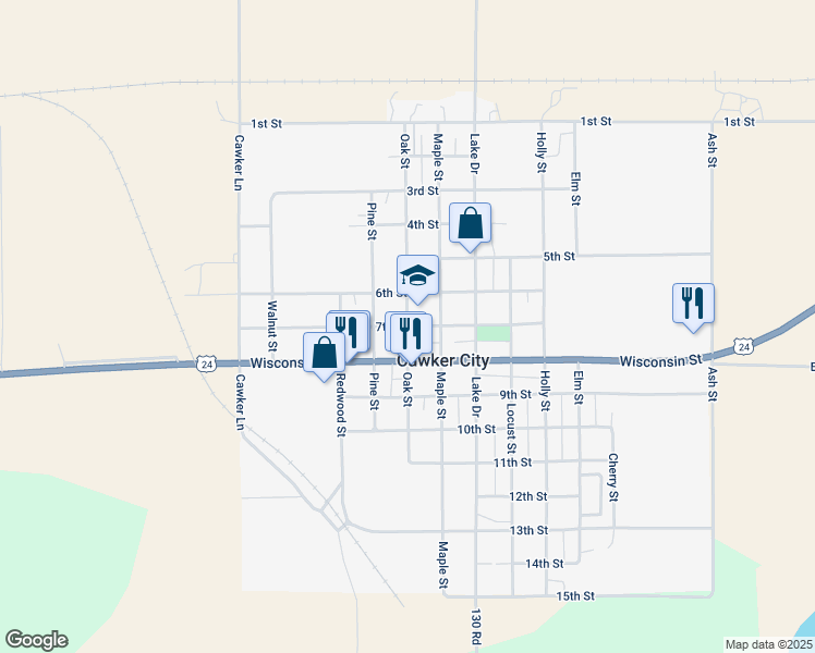 map of restaurants, bars, coffee shops, grocery stores, and more near 701 Oak Street in Cawker City