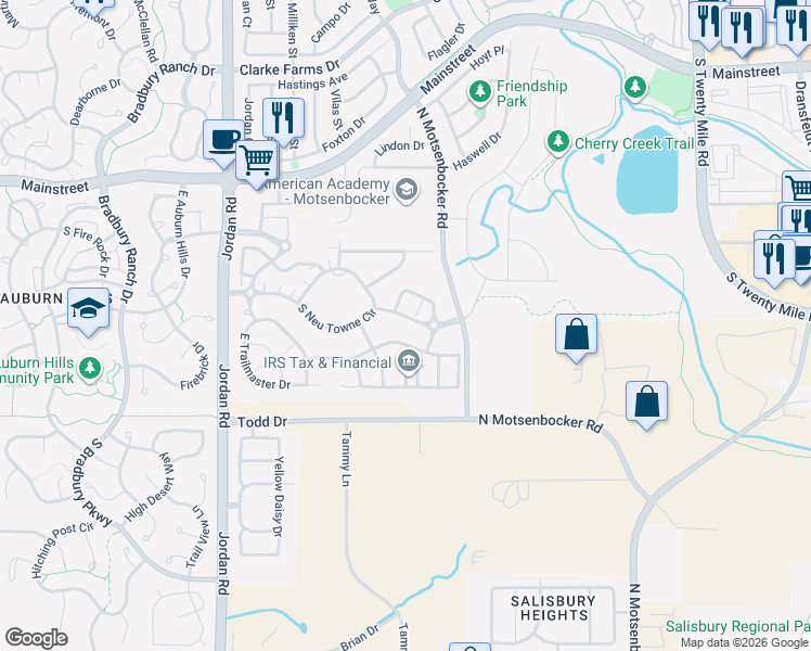 map of restaurants, bars, coffee shops, grocery stores, and more near 17447 East Iron Ore Avenue in Parker