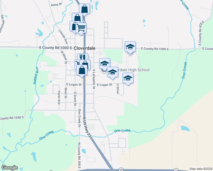 map of restaurants, bars, coffee shops, grocery stores, and more near 51 Logan Court in Cloverdale