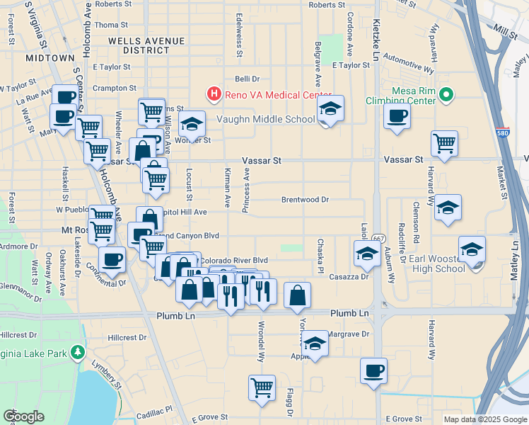 map of restaurants, bars, coffee shops, grocery stores, and more near 750 Capitol Hill Avenue in Reno
