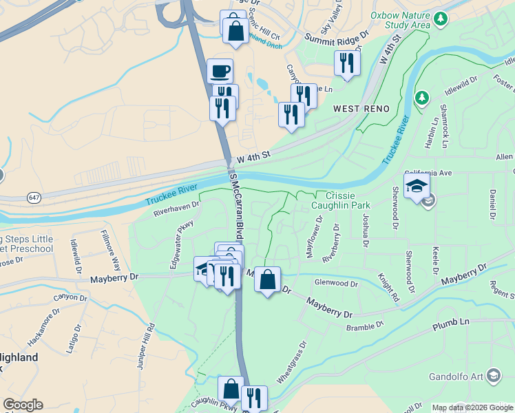 map of restaurants, bars, coffee shops, grocery stores, and more near 1185 Bridlewood Way in Reno