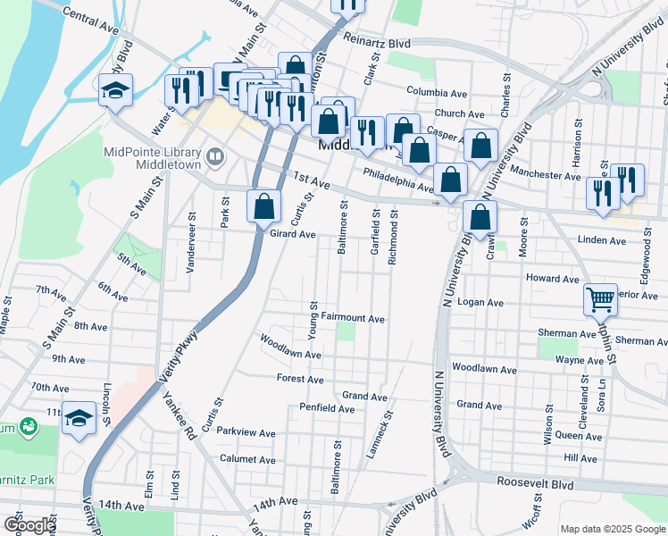 map of restaurants, bars, coffee shops, grocery stores, and more near 309 Baltimore Street in Middletown
