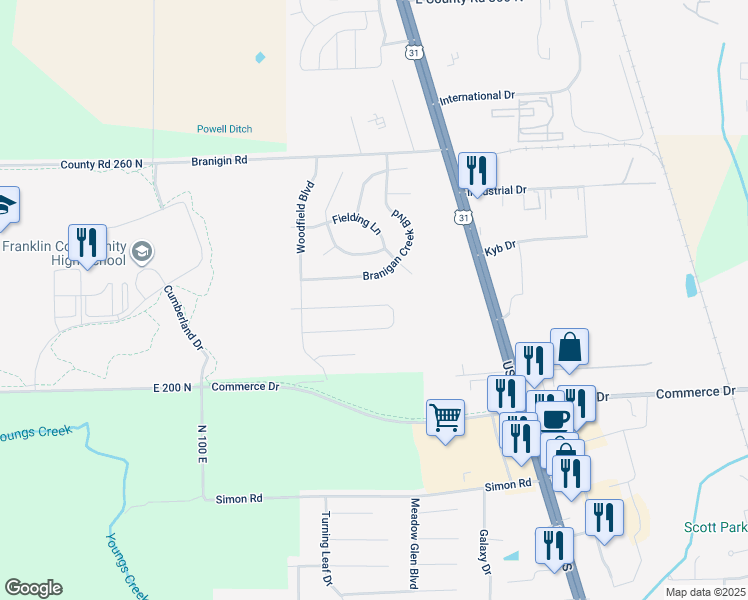 map of restaurants, bars, coffee shops, grocery stores, and more near 1168 North Aberdeen Drive in Franklin