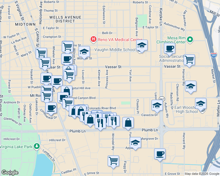 map of restaurants, bars, coffee shops, grocery stores, and more near 715 Capitol Hill Avenue in Reno