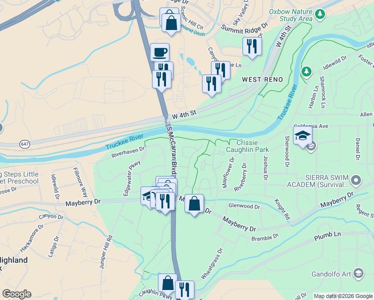 map of restaurants, bars, coffee shops, grocery stores, and more near 1185 Bridlewood Way in Reno
