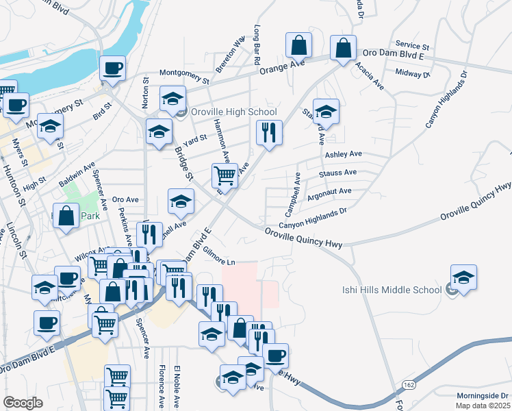 map of restaurants, bars, coffee shops, grocery stores, and more near Eucalyptus Avenue in Oroville