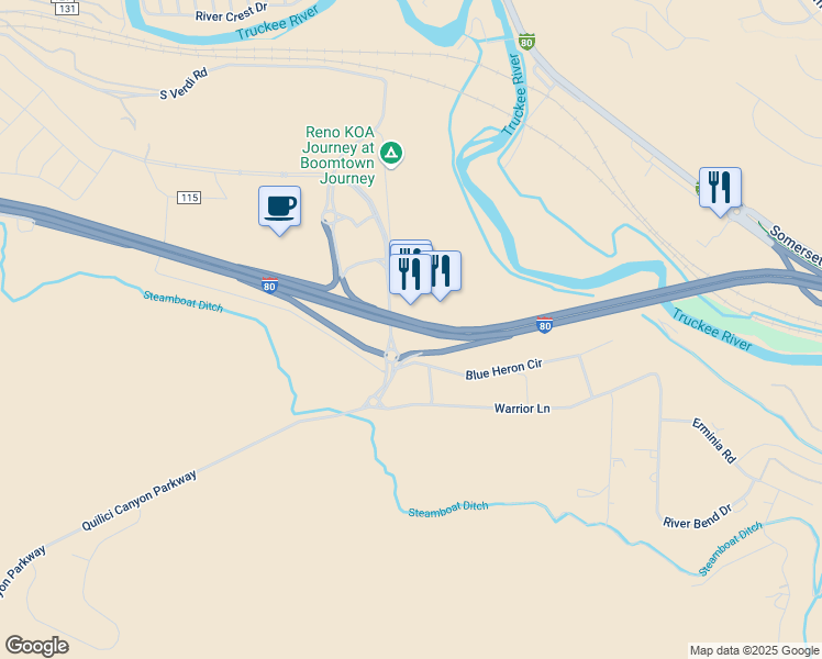 map of restaurants, bars, coffee shops, grocery stores, and more near Interstate 80 in Reno