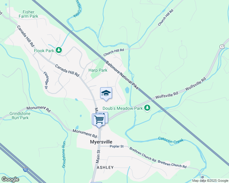 map of restaurants, bars, coffee shops, grocery stores, and more near 106 Deerwoods Place in Myersville