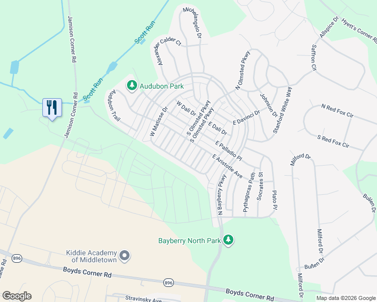 map of restaurants, bars, coffee shops, grocery stores, and more near 1805 North Pollock Way in Middletown